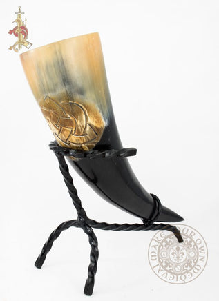 Celtic knot Carved Drinking Horn with forged stand