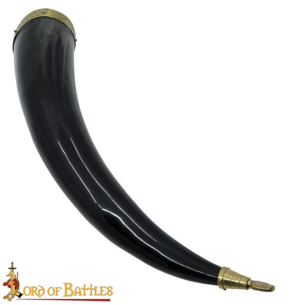 Drinking horn with brass trim and end with animal motif