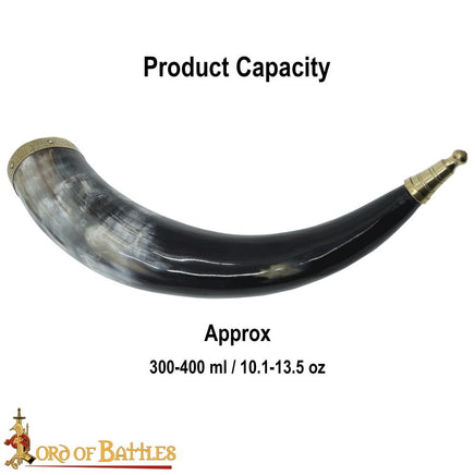 Drinking horn with decorative Viking brass design trim