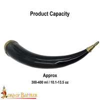 Drinking horn with decorative brass trim at mouth and end with wild animal motif