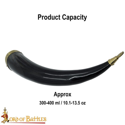 Drinking horn with decorative brass trim at mouth and end with wild animal motif