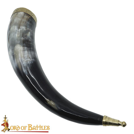 Drinking horn with decorative celtic brass design trim