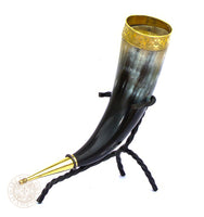 Viking drinking horn with celtic brass trim and end