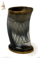 Viking horn drinking cup with decorative brass and engraving
