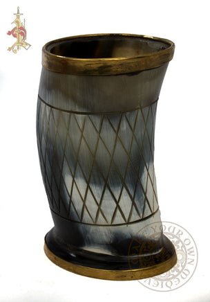 Viking horn drinking cup with decorative brass and engraving