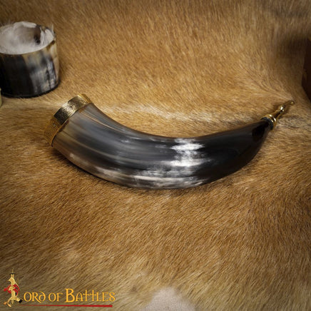 Viking drinking horn with brass eagle end
