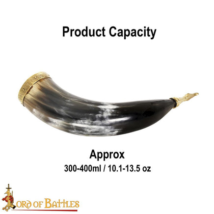 Viking drinking horn with brass trim and eagle terminal end