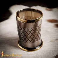 Viking horn drinking cup with decorative brass trim and engraving