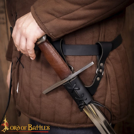 adjustable medieval sword frog made from black leather