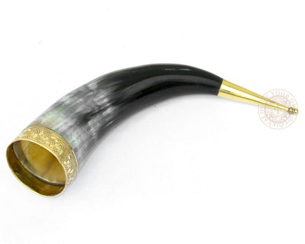 large Viking drinking horn with celtic brass trim and end