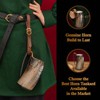 Horn Tankard with leather strap, 600 ML, Carved Barrel Design
