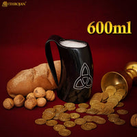 Horn Tankard with leather strap, 600 ML, Carved Triquetra Design