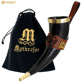 Drinking Horn with Brass Trim and End, Brown Leather holder and Crowned Heart Mount