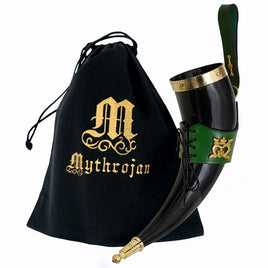 Drinking Horn with with Brass Trim and End, Green Leather holder and Crowned Heart Mount