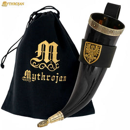 Drinking Horn with Brass Trim and End, Black Leather holder and Brass Eagle Mounts