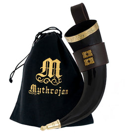 Drinking Horn with Brass Trim and End, Black Leather holder and Brass Quatrefoil Mounts