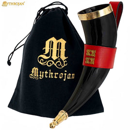 Drinking Horn with Brass Trim and End, Red Leather holder and Brass Quatrefoil Mounts