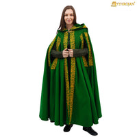 Green Wool Cape With Viking Embroidery and Brass Clasp