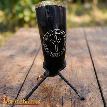 Algiz Runic Drinking Horn in Horn Stand