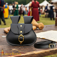 Black Leather Pouch And Belt Set For Historical Reenactment