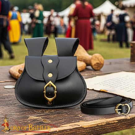 Black Leather Pouch And Belt Set For Historical Reenactment