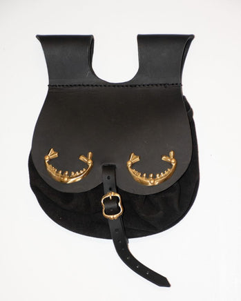Black medieval kidney bag with brass mounts