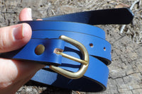 Leather Belt with Brass D-Buckle - Blue or Red