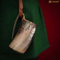 Horn Tankard with leather strap, 600 ML, Carved Barrel Design