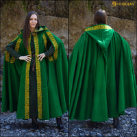 Green Wool Cape With Viking Embroidery and Brass Clasp
