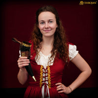 Drinking Horn with Brass Trim and End, Brown Leather holder and Crowned Heart Mount