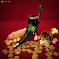 Drinking Horn with with Brass Trim and End, Green Leather holder and Crowned Heart Mount