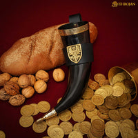 Drinking Horn with Brass Trim and End, Black Leather holder and Brass Eagle Mounts