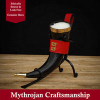 Drinking Horn with Brass Trim and End, Red Leather holder and Brass Quatrefoil Mounts