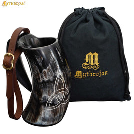 Horn Tankard with leather strap, 600 ML, Carved Triquetra Design