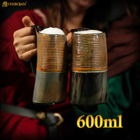 Horn Tankard with leather strap, 600 ML, Carved Leather Design.