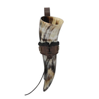 Drinking horn with matching brown leather belt holder set