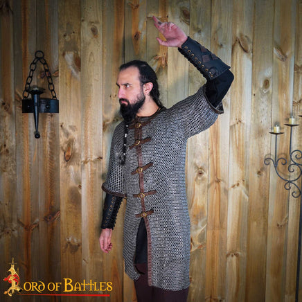  Flat Ring Chainmail Byrnie with Leather, Riveted and Alternating, 9 mm 17 gauge, Mild Steel