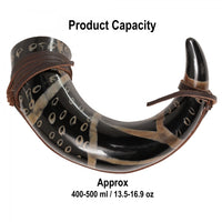 Drinking Horn with Burnt Design and Leather Strap