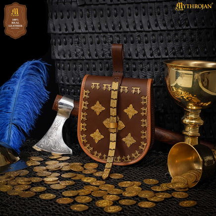 Leather Birka Bag with brass decorative fittings and border for Viking Reenactment