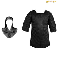 Black chainmail shirt and coif on a white background with 'Mythrojan' branding.
