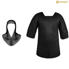 Black chainmail shirt and coif on a white background with 'Mythrojan' branding.