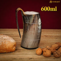 Horn Tankard with leather strap, 600 ML, Carved Barrel Design