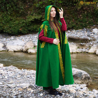 Green Wool Cape With Viking Embroidery and Brass Clasp