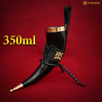 Drinking Horn with Brass Trim and End, Black Leather holder and Crowned Heart Mount