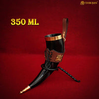 Drinking Horn with Brass Trim and End, Brown Leather holder and Crowned Heart Mount