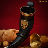 Drinking Horn with Brass Trim and End, Black Leather holder and Brass Eagle Mounts
