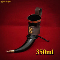 Drinking Horn with Brass Trim and End, Black Leather holder and Brass Quatrefoil Mounts