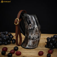 Horn Tankard with leather strap, 600 ML, Carved Triquetra Design