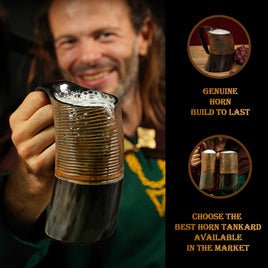 Horn Tankard with leather strap, 600 ML, Carved Leather Design.