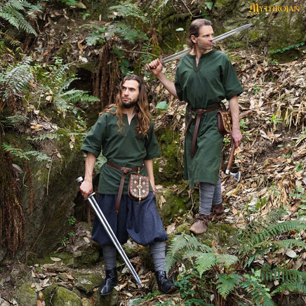 Long green tunic with riding slit for medieval reenactment